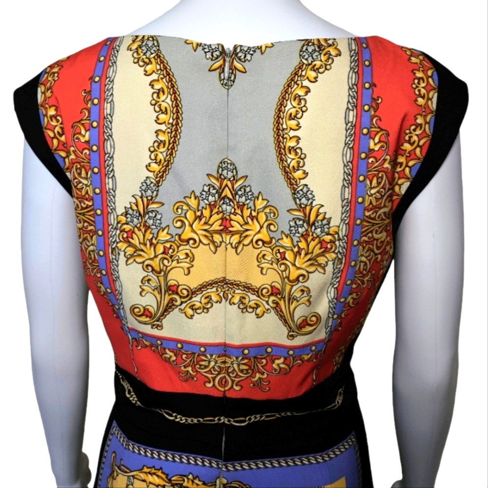 Maggy London Baroque Scarf Print Illusion Sheath Dress – Ornate Gold & Blue Sz10 - Picture 6 of 9